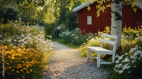 Swedish summer garden with wildflowers, berry bushes, and red cottage near a white bench under birch tree

