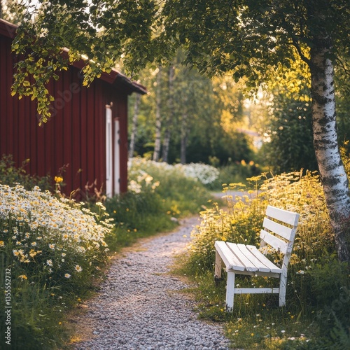 Swedish summer garden with wildflowers, berry bushes, and red cottage near a white bench under birch tree

