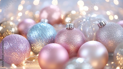 Decorative Christmas Ornaments in Various Colors and Background Lights