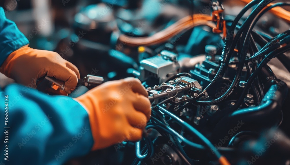 Inspecting electric motorcycle engine garage technical process sterile environment close-up view high-fidelity concept Inspecting electric motorcycle engine garage technical process sterile environment close-up view high-fidelity concept