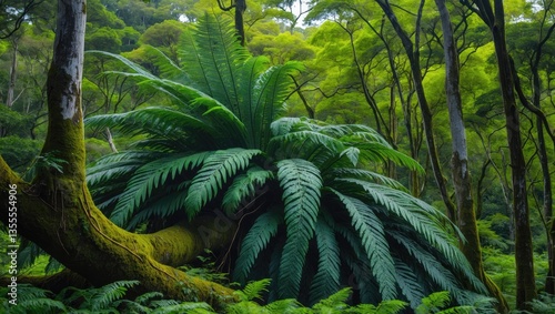 Ferns, green leafy plants depend on tall trees.