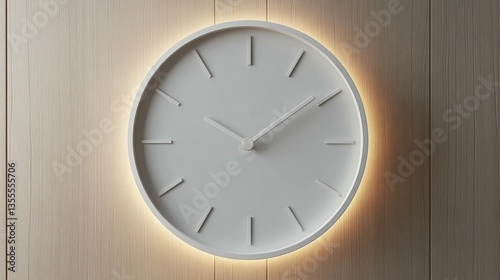 Wallpaper Mural Minimalist white wall clock with warm light on wooden background. Torontodigital.ca