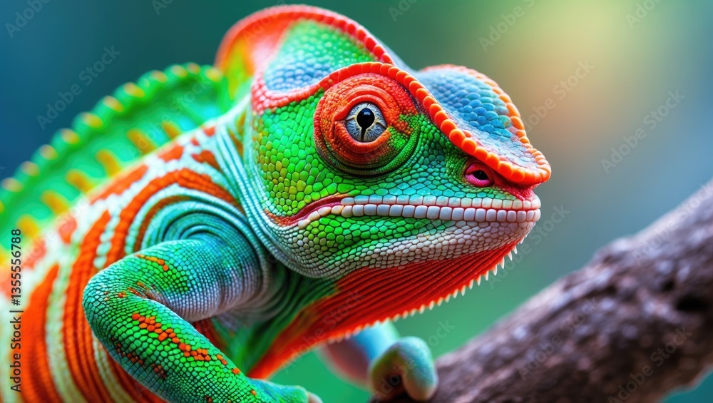 Obraz premium Chameleon close-up. Stunning chameleon close-up reptile featuring vibrant skin. The idea of disguise and vibrant skins. Exotic pet.