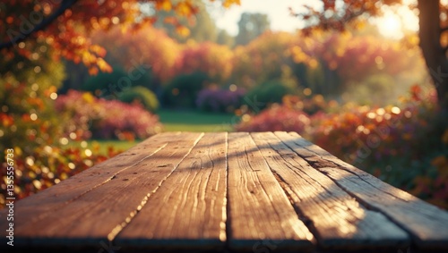 Empty wooden table featuring autumn for a food background with an outdoor theme, Template mock-up for showcasing a product.