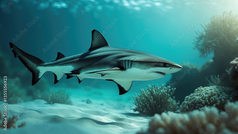 Naklejka premium Caribbean reef shark gliding above the reef