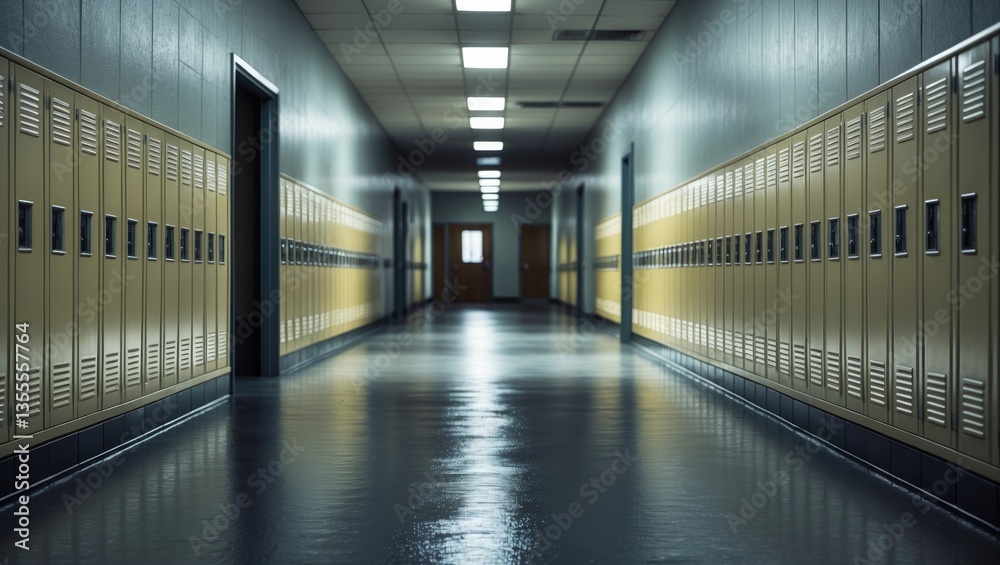 Fototapeta premium Empty school corridor lined with vacant lockers.