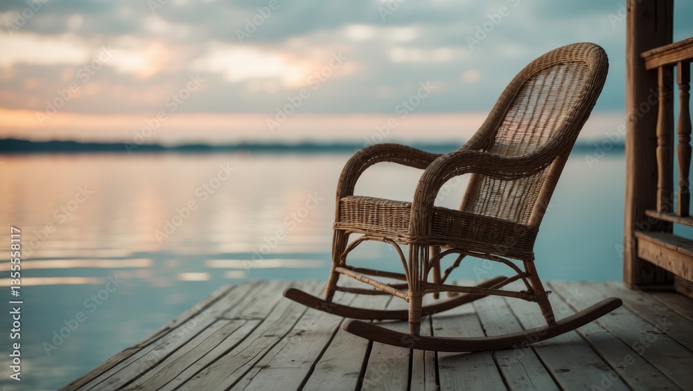 Fototapeta premium Empty rocking chair on the porch with a stunning view of the landscape. Silence and solitude.