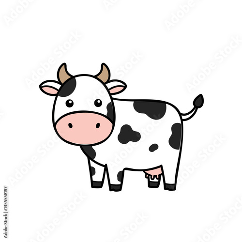 an adorable vector illustration of a cartoon cow. Use a white body with irregular black spots and a pink snout and udder for a playful touch.