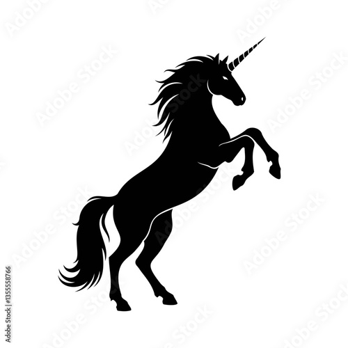 Mystical Silhouette: A majestic black unicorn rearing up in an elegant pose, set against a minimalist backdrop, embodying fantasy and grace.
