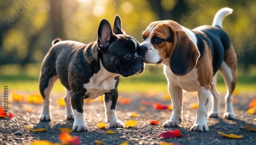French bulldog and beagle meeting each other in the park.