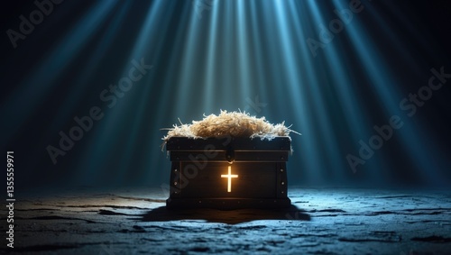 Christian Christmas theme. Birth of Jesus. Wooden manger in dark blue night. Banner, space for text. Nativity scene. Jesus is the reason for the season. Salvation, Messiah, God with us, hope.