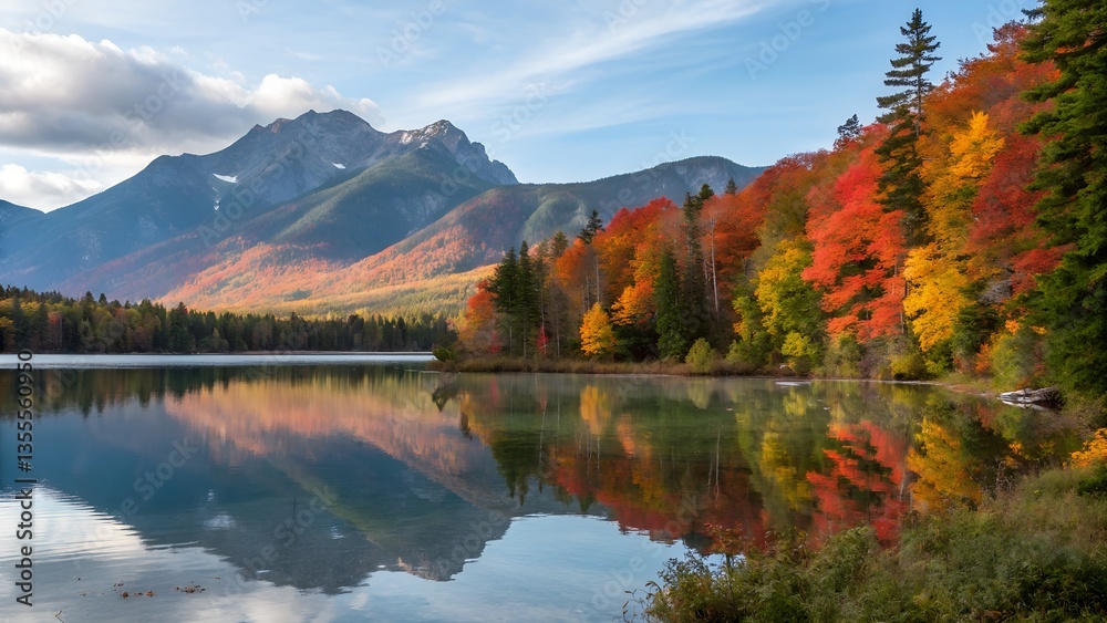 Obraz premium A crystal-clear lake surrounded by colorful autumn foliage, with mountains reflecting in the still water, perfect for wildlife in the fall, with copy space. 