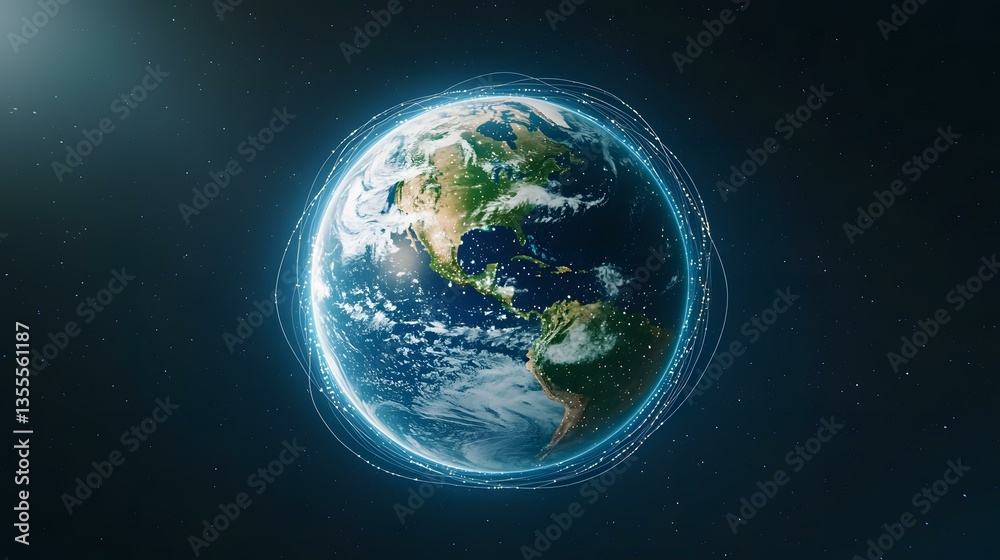 Obraz premium A detailed image of planet Earth from space, prominently showcasing North and South America, is encircled by glowing lines suggesting global interconnectedness.