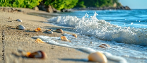 Scenic Beach with Colorful Seashells and Gentle Waves at Sunset, Vibrant Nature Landscape, Tranquil Coastal Environment