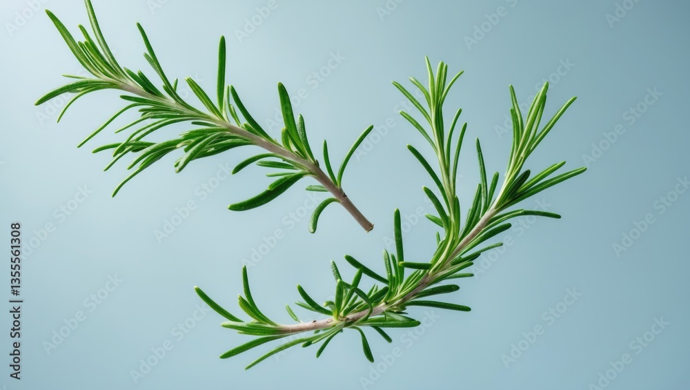 Obraz premium Fresh green rosemary herb drifting in the air against a blue background.
