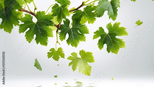 Fresh organic grape leaves drifting through the air, isolated against a white background.