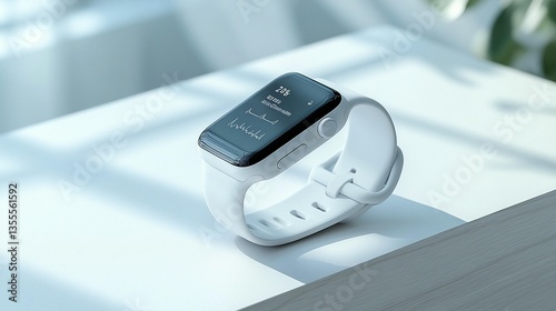 Modern smartwatch displaying health data rests on white surface.