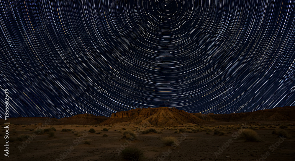 Fototapeta premium Star Trails Over Arid Landscape Shows Earth's Rotation in Night