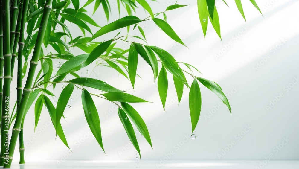 Fototapeta premium Fresh bamboo leaves frame with water droplets set against a white background, botanical zen forest, tropical spa decor, backdrop offering copy space.