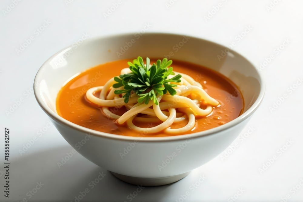 Close-up of ramen bowl against white backdrop, pork, food, texture Close-up of ramen bowl against white backdrop, pork, food, texture