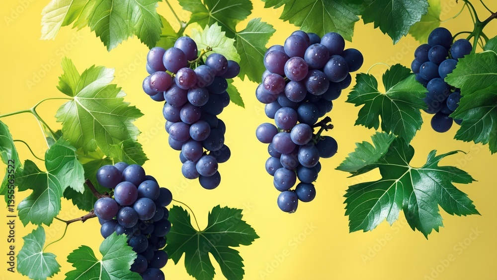Obraz premium Fresh organic blue grapes and green leaves suspended in the air against a yellow backdrop. Food levitation or zero gravity concept.