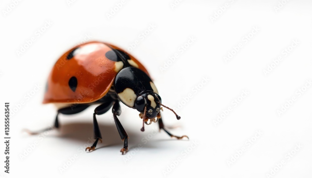Close-up of single ladybug on white background, red, close-up, nature Close-up of single ladybug on white background, red, close-up, nature
