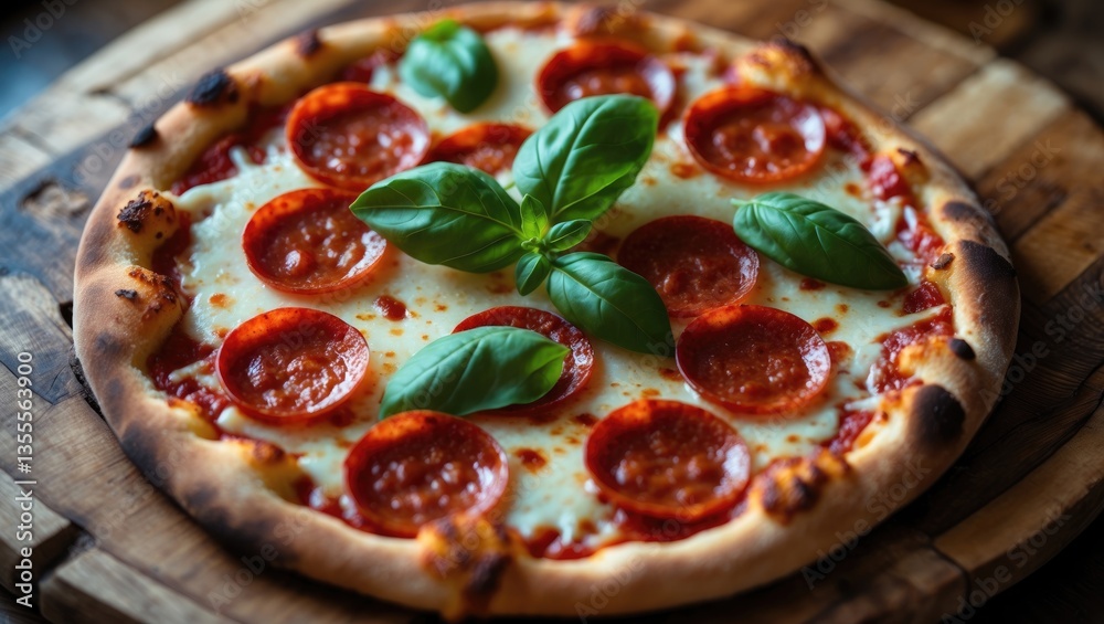 © Cyber Shutter - Close-up of pepperoni pizza featuring basil. Textured pizza background. © Cyber Shutter - Close-up of pepperoni pizza featuring basil. Textured pizza background.