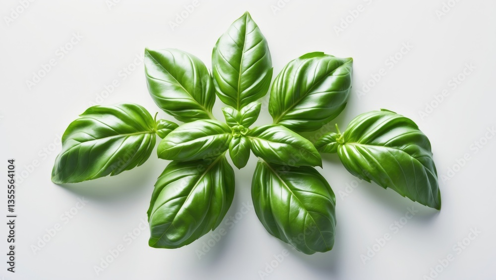 Fototapeta premium Fresh Green Basil Leaf, close-up view, isolated on a white background.