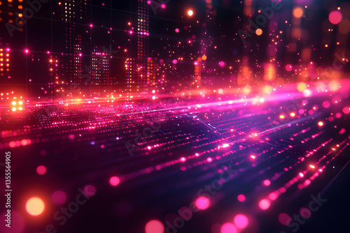 A futuristic digital landscape with glowing pink and orange lights representing data streams. Suitable for tech presentations or abstract art projects promoting innovation.