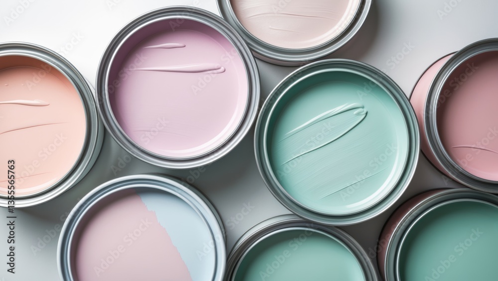 Close-up image of open paint cans displaying soft pastel shades. Close-up image of open paint cans displaying soft pastel shades.