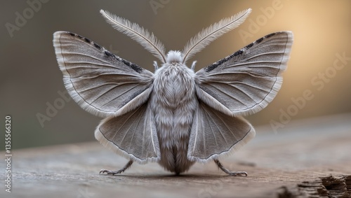 Frontal detailed vertical closeup of a gypsy moth showcasing its distinctive antenna.