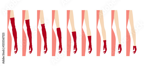 Set of Loose Gloves Length Chart diagram with name text cherry color cartoon Elbow Short Wrist Fashion hand accessory clothing technical illustration garment. Vector for Men women style flat template