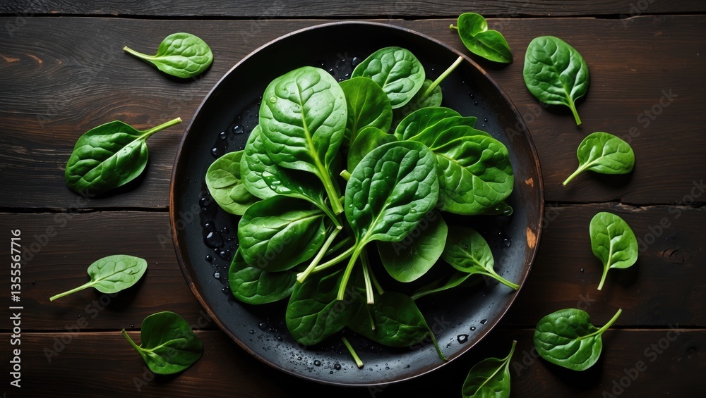 Obraz premium Fresh spinach leaves on a dark wooden background, viewed from above with space for text.