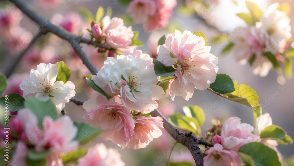 Obraz premium Delicate apple blossoms in soft shades of pink and white embellish branches.