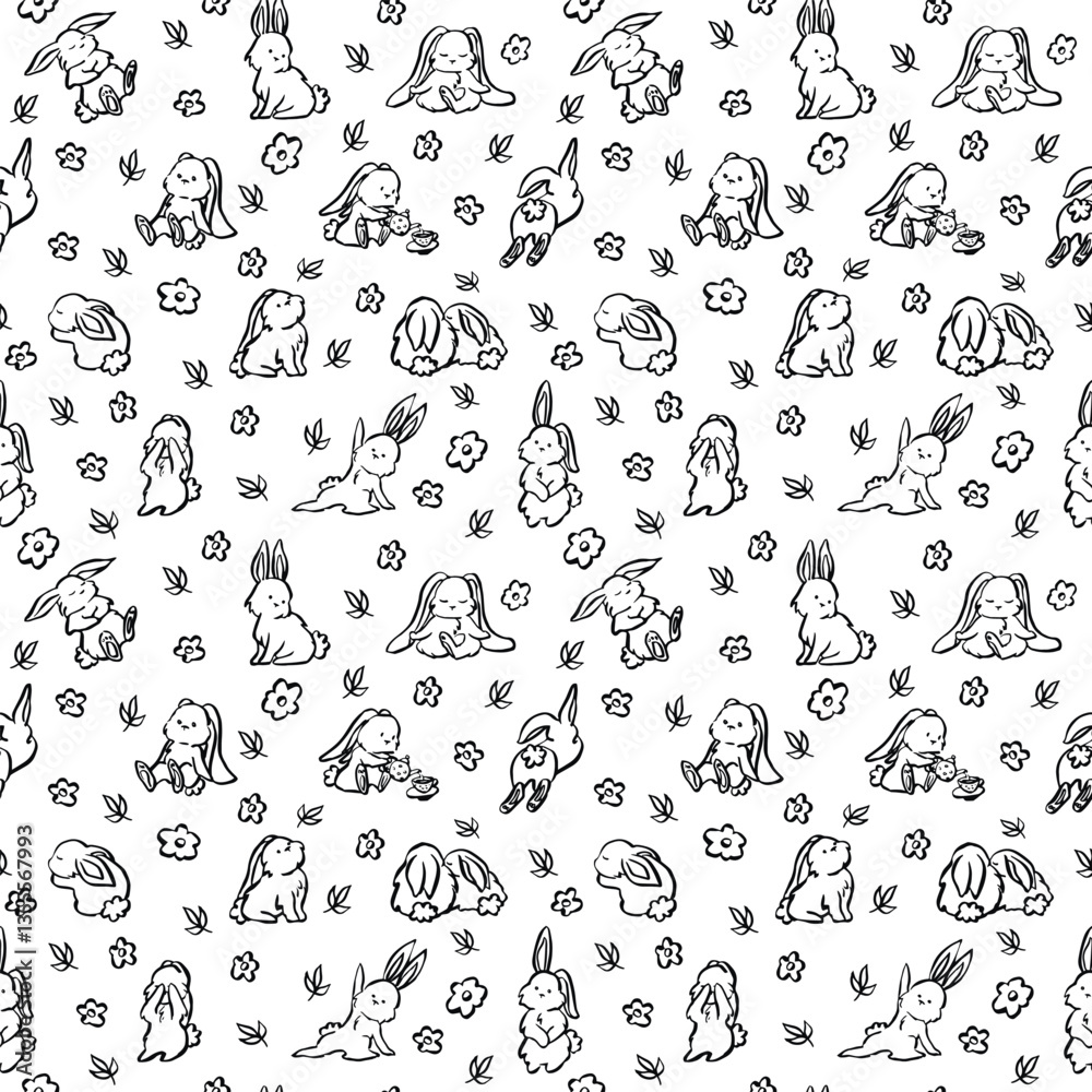 Naklejka premium Cute bunny doodle pattern with stars for textile, packaging. Vector illustration.