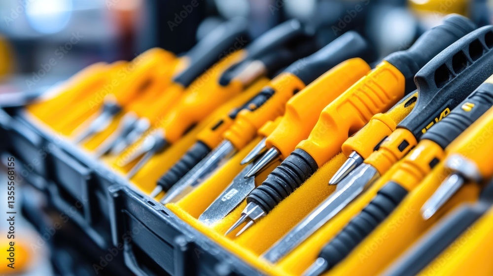 A close-up of precision screwdrivers arranged neatly in a foam insert tray. A close-up of precision screwdrivers arranged neatly in a foam insert tray.