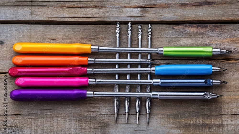 Fototapeta premium A collection of screwdrivers with colorful handles organized on a wooden background.