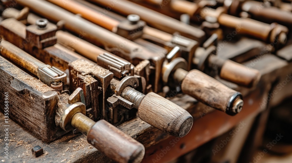 A collection of woodworking clamps tightly holding pieces of wood together in a workshop. A collection of woodworking clamps tightly holding pieces of wood together in a workshop.