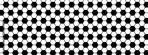 Repeated black and white hexagon pattern. Soccer ball surface background. Minimalistic football game print. Mosaic geometric texture. Tile floor, fence or net surface. Vector graphic illustration.