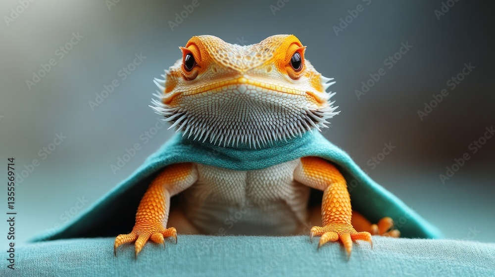 Obraz premium Bearded dragon wearing cape, superhero pose, indoor, blurred background, pet portrait