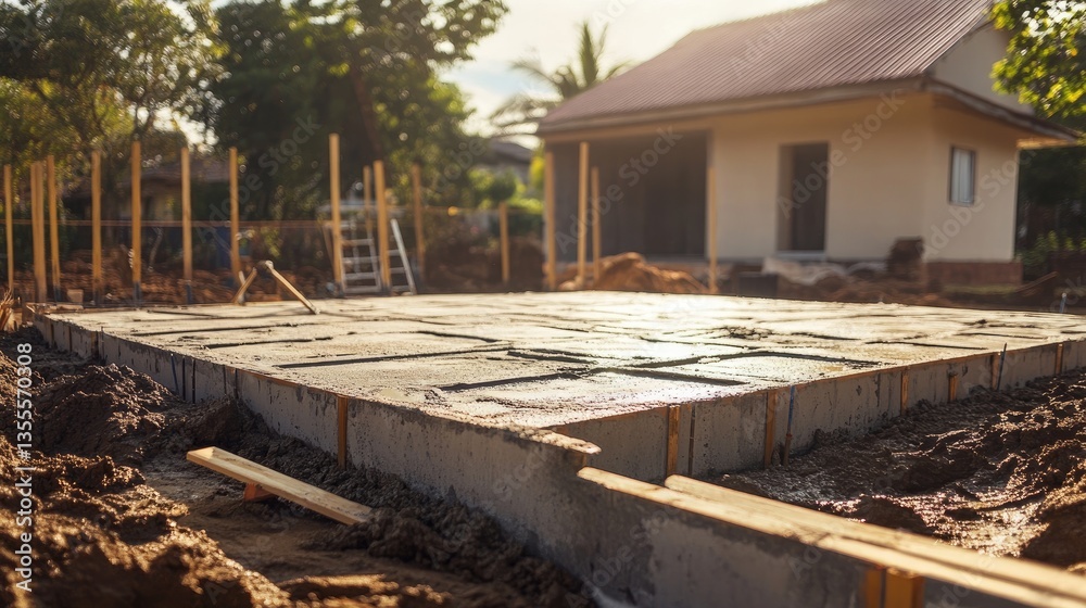 A freshly poured concrete foundation with trowels and smoothing tools placed nearby. A freshly poured concrete foundation with trowels and smoothing tools placed nearby.