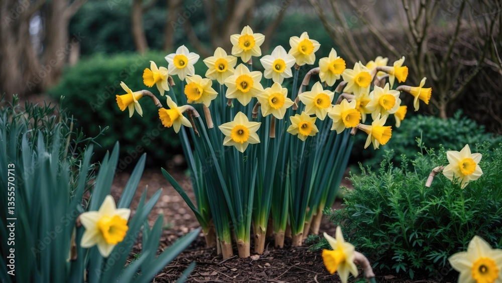 Fototapeta premium Daffodils blooming in a garden with copy-space, yellow blossoms