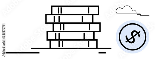 Stacked rectangular blocks and dollar sign encircled in blue. Ideal for finance, wealth, investment, economy, savings, banking, and business growth. Minimalistic flat simple metaphor