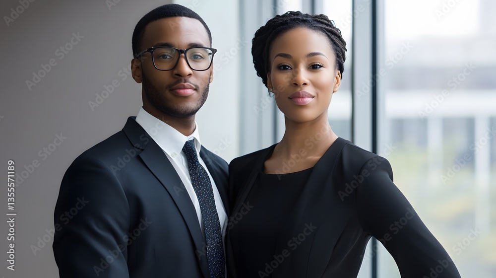 Two confident business professionals in formal attire, embodying professionalism and collaboration Two confident business professionals in formal attire, embodying professionalism and collaboration
