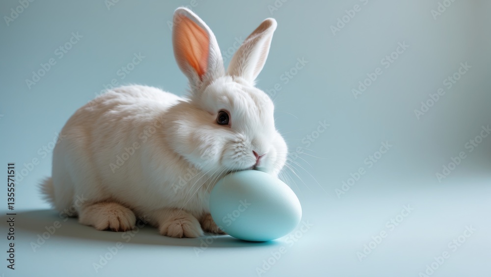 Obraz premium Cute bunny and one Easter egg. Idea and concept of a joyful Easter day.