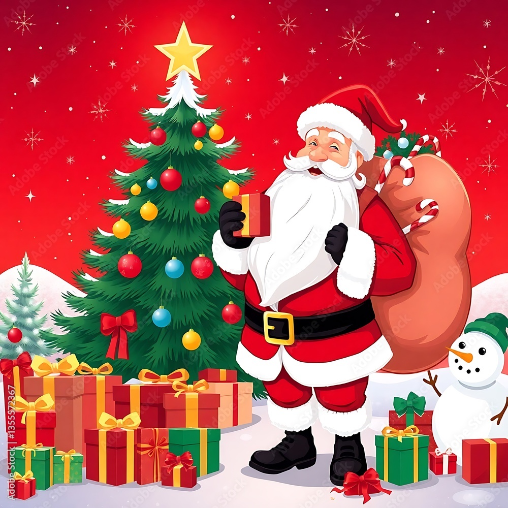 Santa Claus with Gifts, Christmas Celebration Scene, Festive Holiday Illustration, Merry Christmas Vector - Santa with Presents and Holiday Decorations, Christmas Cheer Santa Claus Holding Background Santa Claus with Gifts, Christmas Celebration Scene, Festive Holiday Illustration, Merry Christmas Vector - Santa with Presents and Holiday Decorations, Christmas Cheer Santa Claus Holding Background