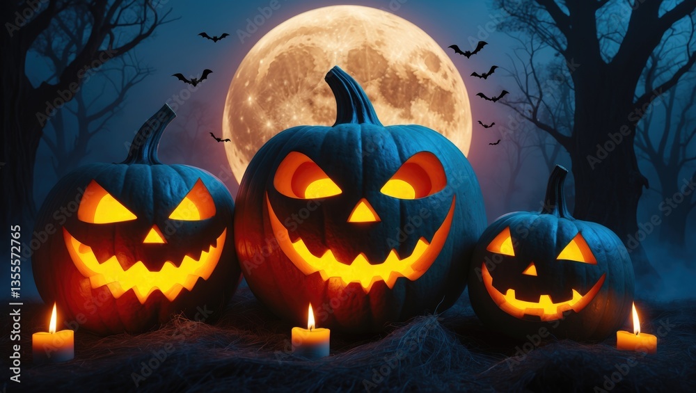 Halloween pumpkin head jack-o'-lanterns with lit candles in a spooky deep night forest. Halloween pumpkin head jack-o'-lanterns with lit candles in a spooky deep night forest.
