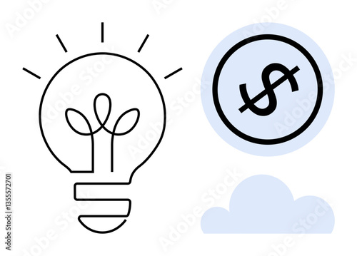 Light bulb with plant represents innovation and growth dollar sign symbolizes finances blue cloud adds subtle depth. Ideal for creativity, sustainability, investment, ideas, eco-friendly concepts