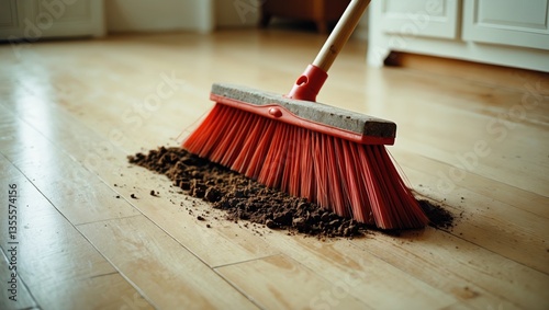 High-angle perspective of a broom sweeping dirt on a hardwood floor in a home.