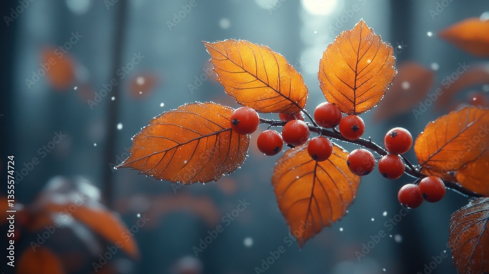 A branch with bright red berries and orange leaves. A branch with bright red berries and orange leaves.